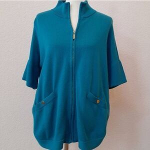 White House Black Market zip front mock turtleneck cardigan cropped sleeve teal